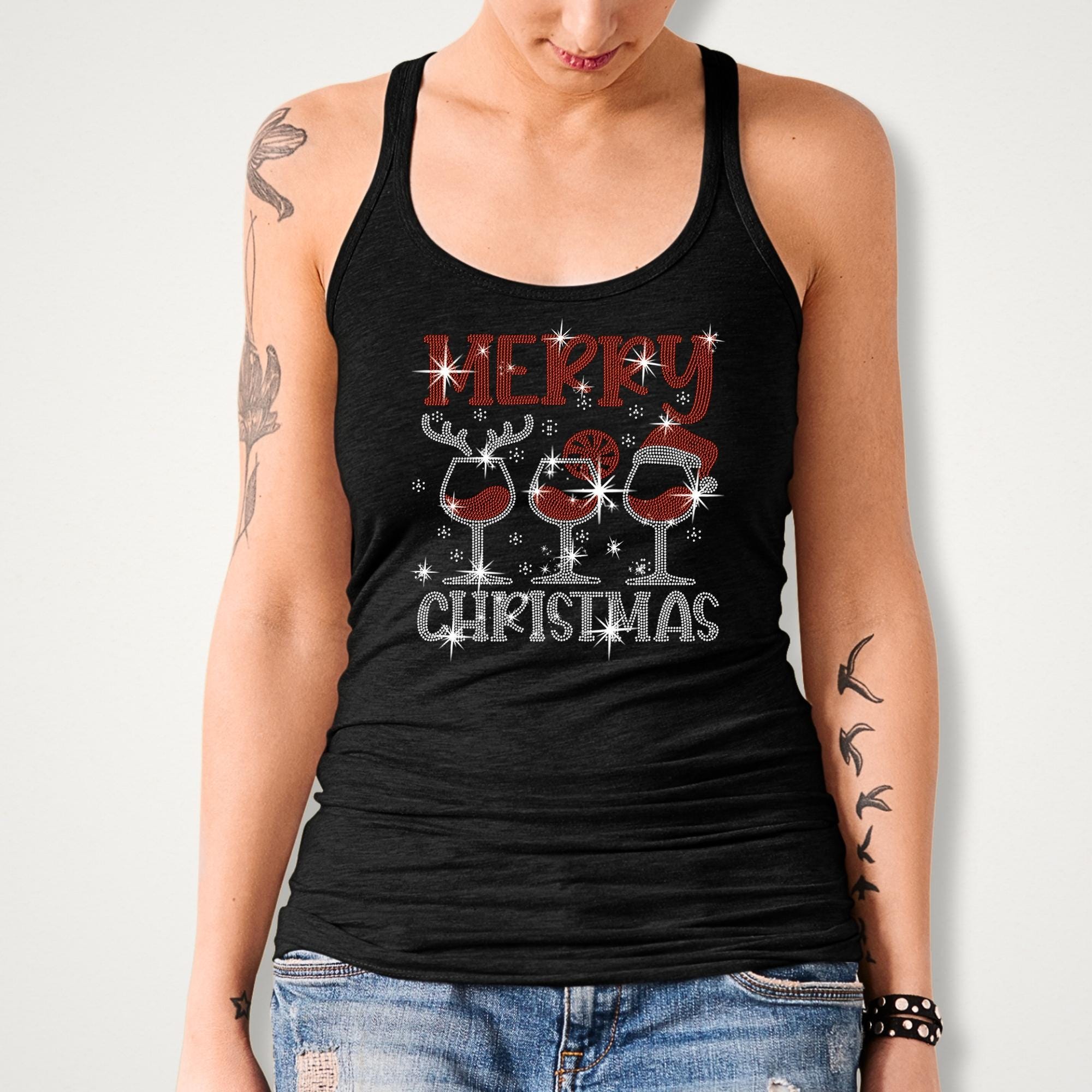 Christmas Wine Glass Rhinestone Shirt: Merry Christmas Santa Hat Tee