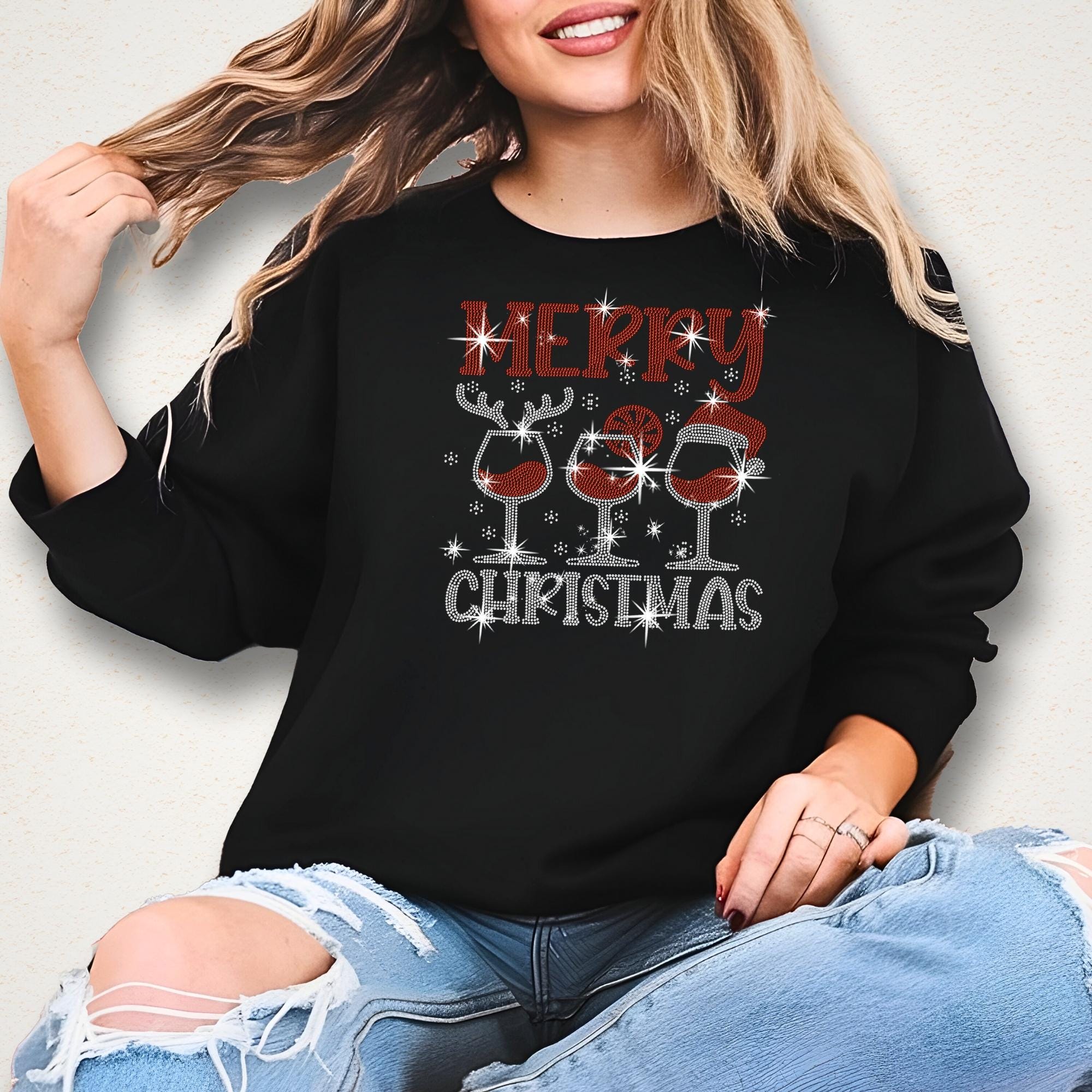 Christmas Wine Glass Rhinestone Shirt: Merry Christmas Santa Hat Tee Secondary image