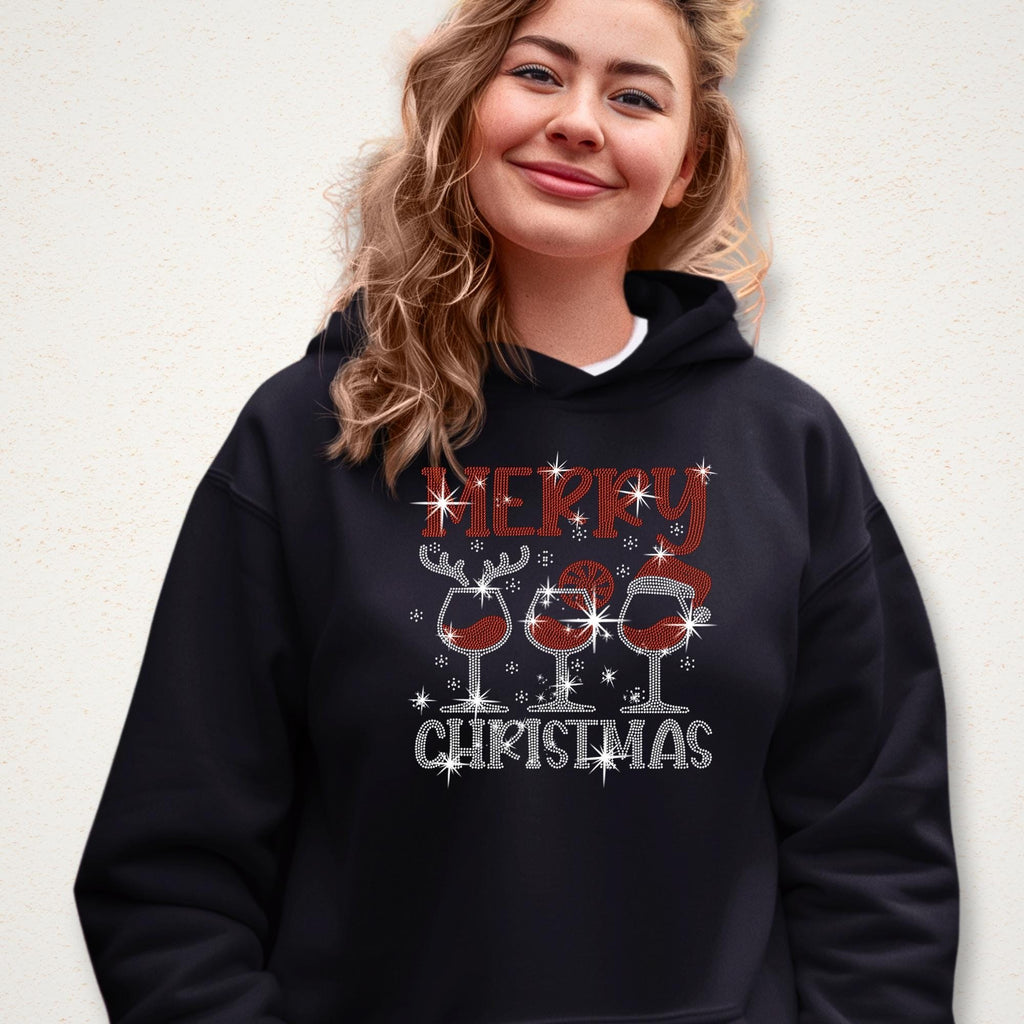 Christmas Wine Glass Rhinestone Shirt: Merry Christmas Santa Hat Tee