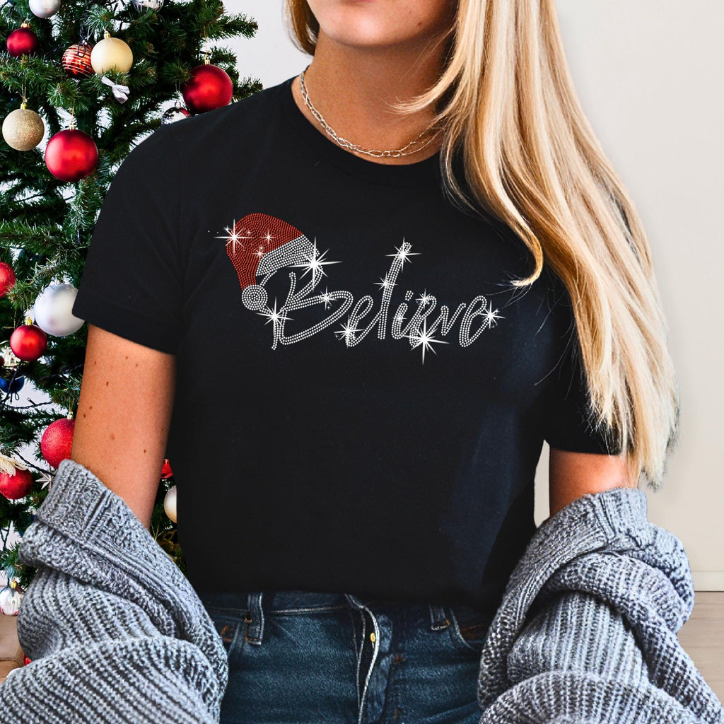 Believe Christmas Rhinestone Shirt: Christmas Party Sparkle Tee