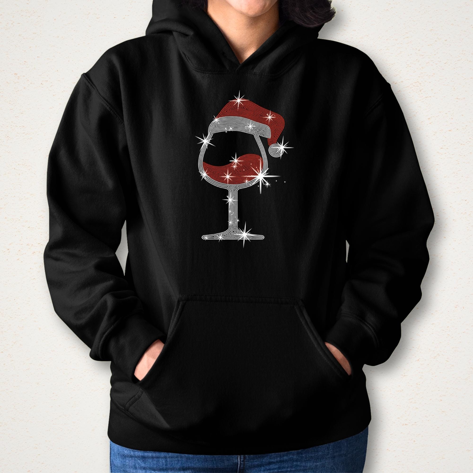 Christmas Wine Glass with Santa Hat Rhinestone Shirt: Drinkers Party Cheers Bling Tee