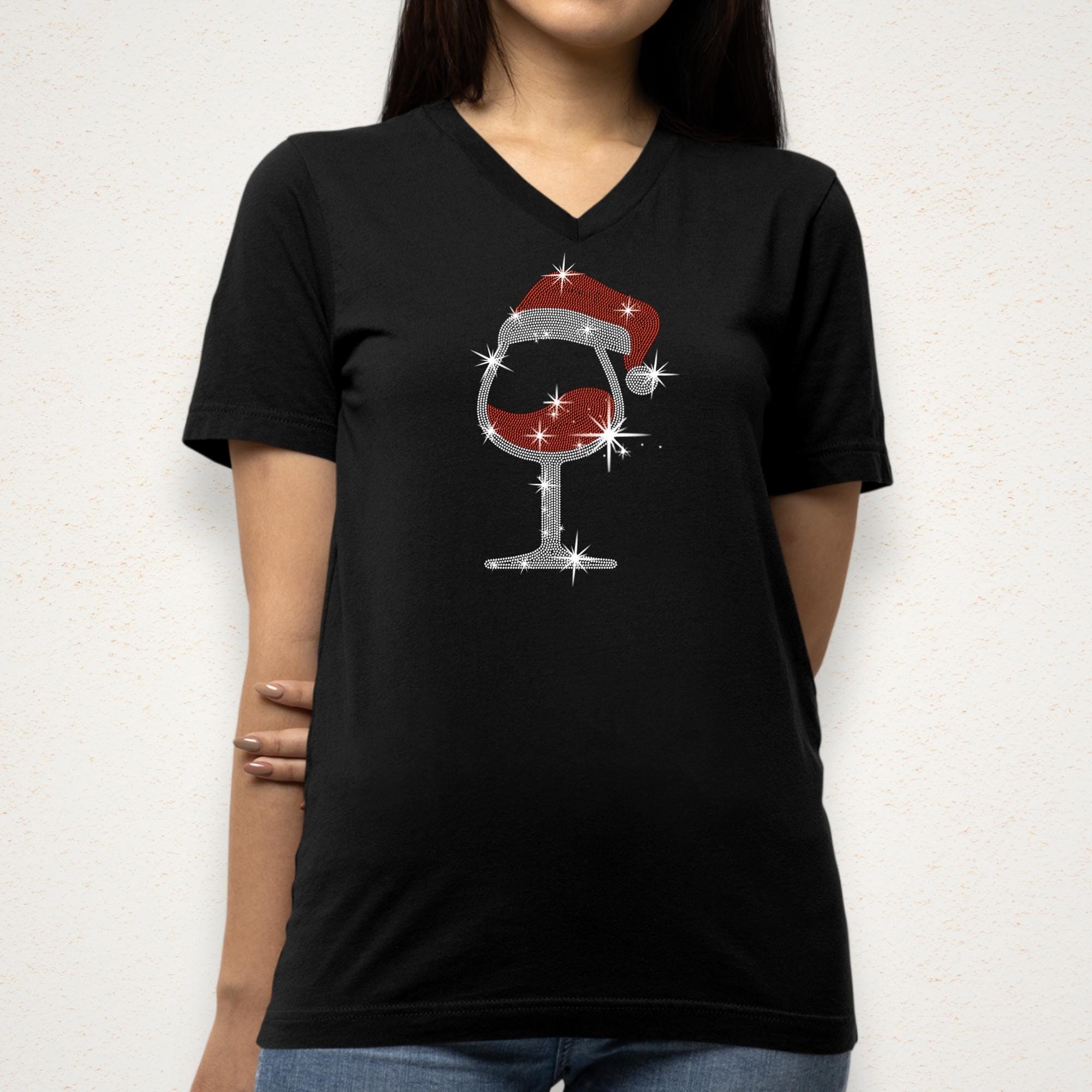 Christmas Wine Glass with Santa Hat Rhinestone Shirt: Drinkers Party Cheers Bling Tee