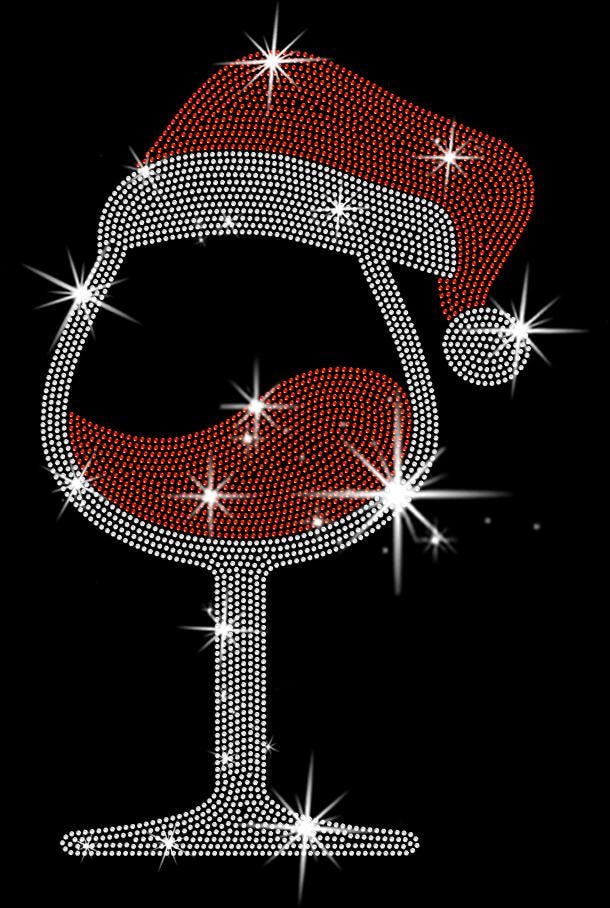 Christmas Wine Glass with Santa Hat Rhinestone Shirt: Drinkers Party Cheers Bling Tee