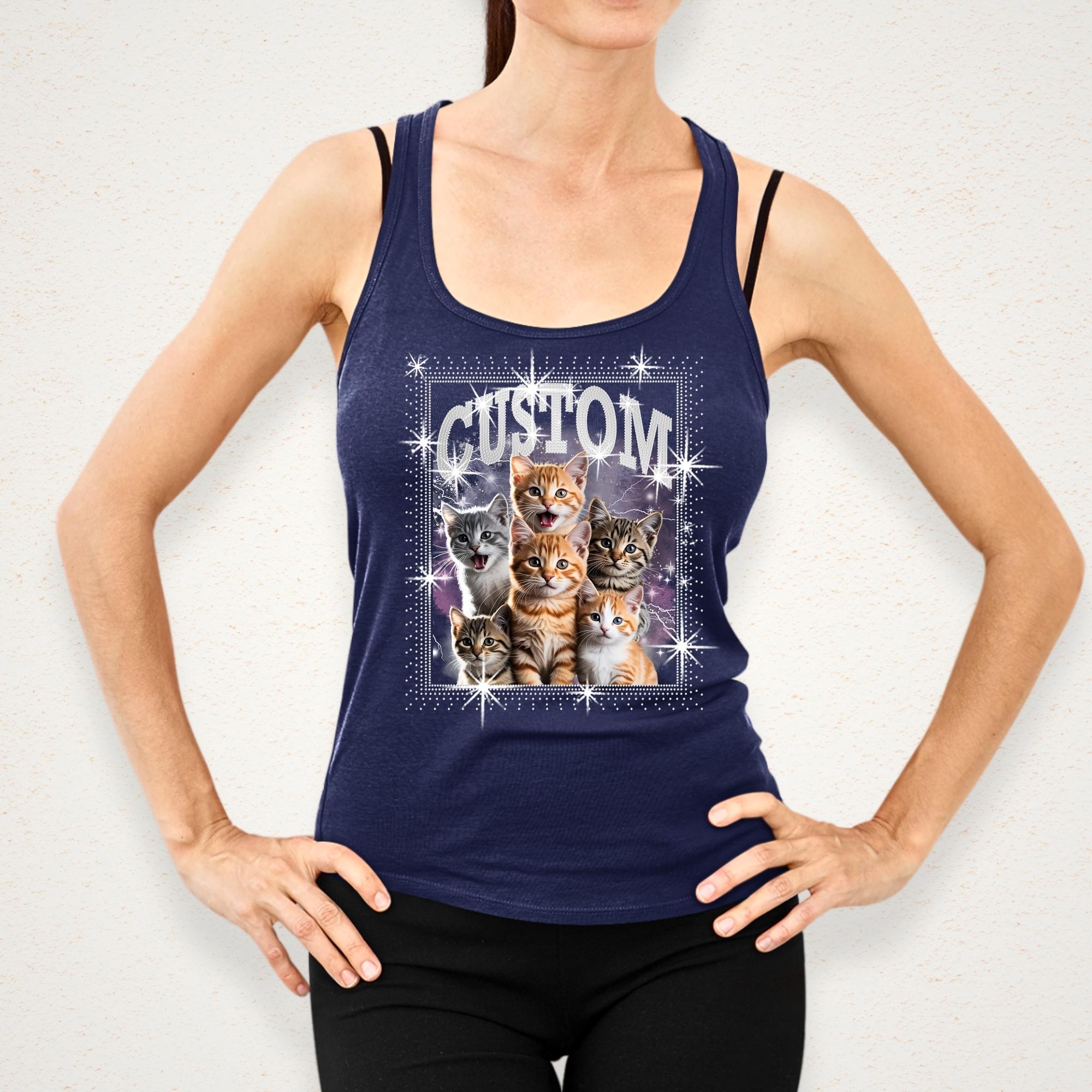 Custom Pet DTF Rhinestone Shirt: Personalized Cat Bootleg Rap Tee