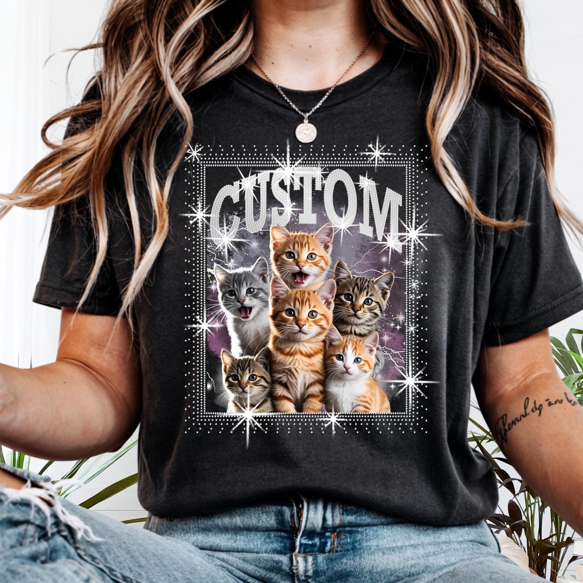 Custom Pet DTF Rhinestone Shirt: Personalized Cat Bootleg Rap Tee Main image