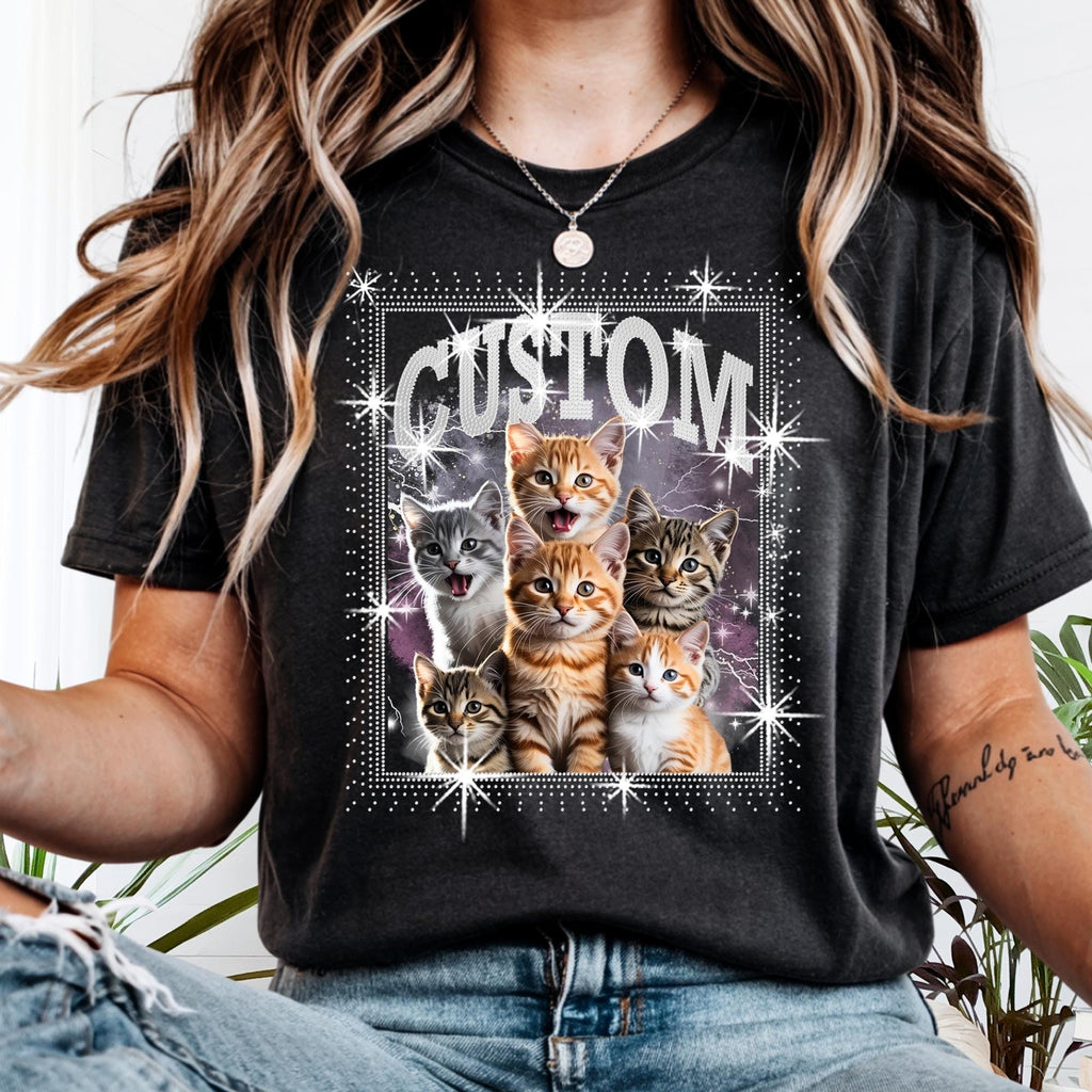 Custom Pet DTF Rhinestone Shirt: Personalized Cat Bootleg Rap Tee