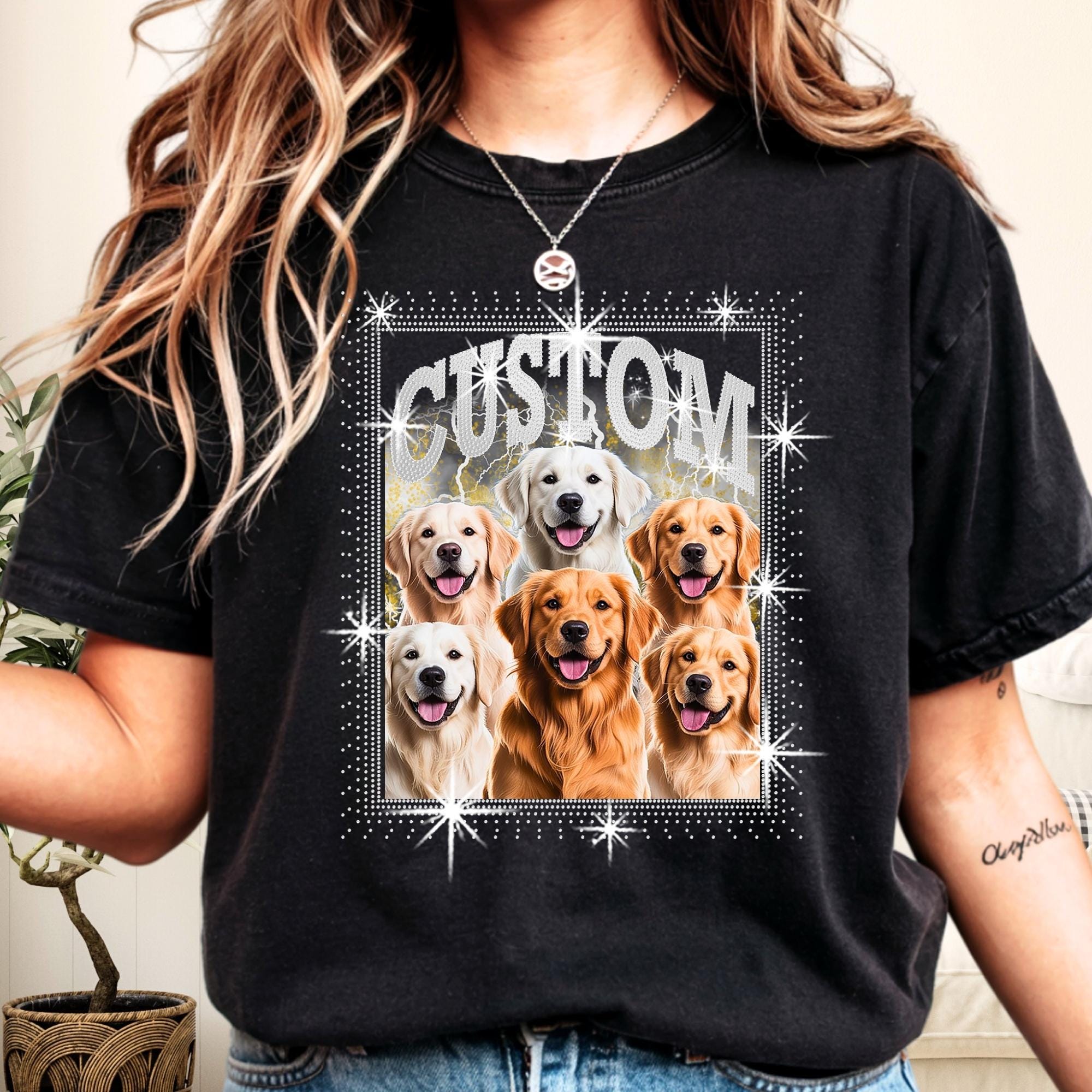 Custom Pet DTF Rhinestone Shirt: Personalized Dog Bootleg Rap Tee Main image