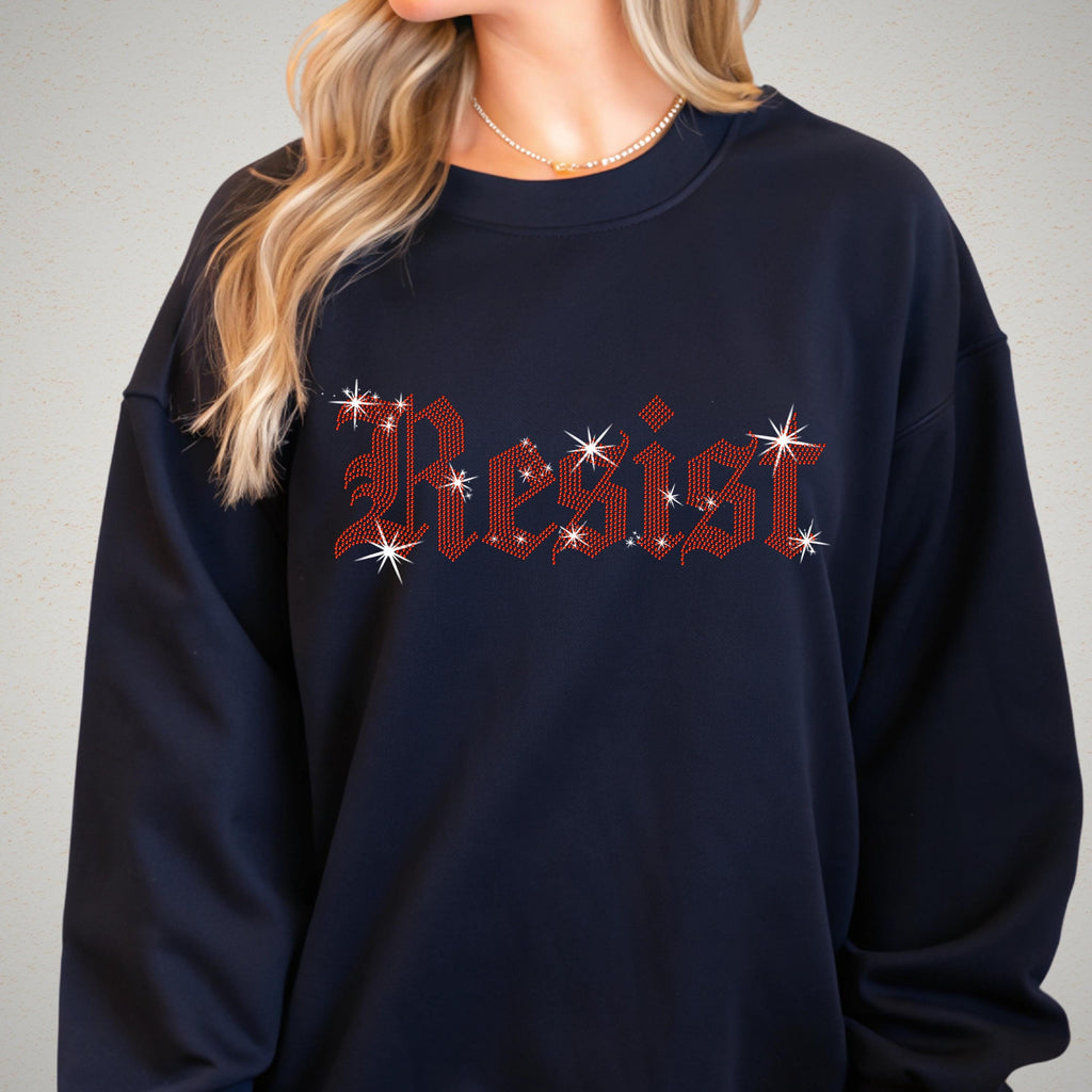 Resist Rhinestone Shirt: Old English Font Sparkle Political Protest Tee & Sweatshirt