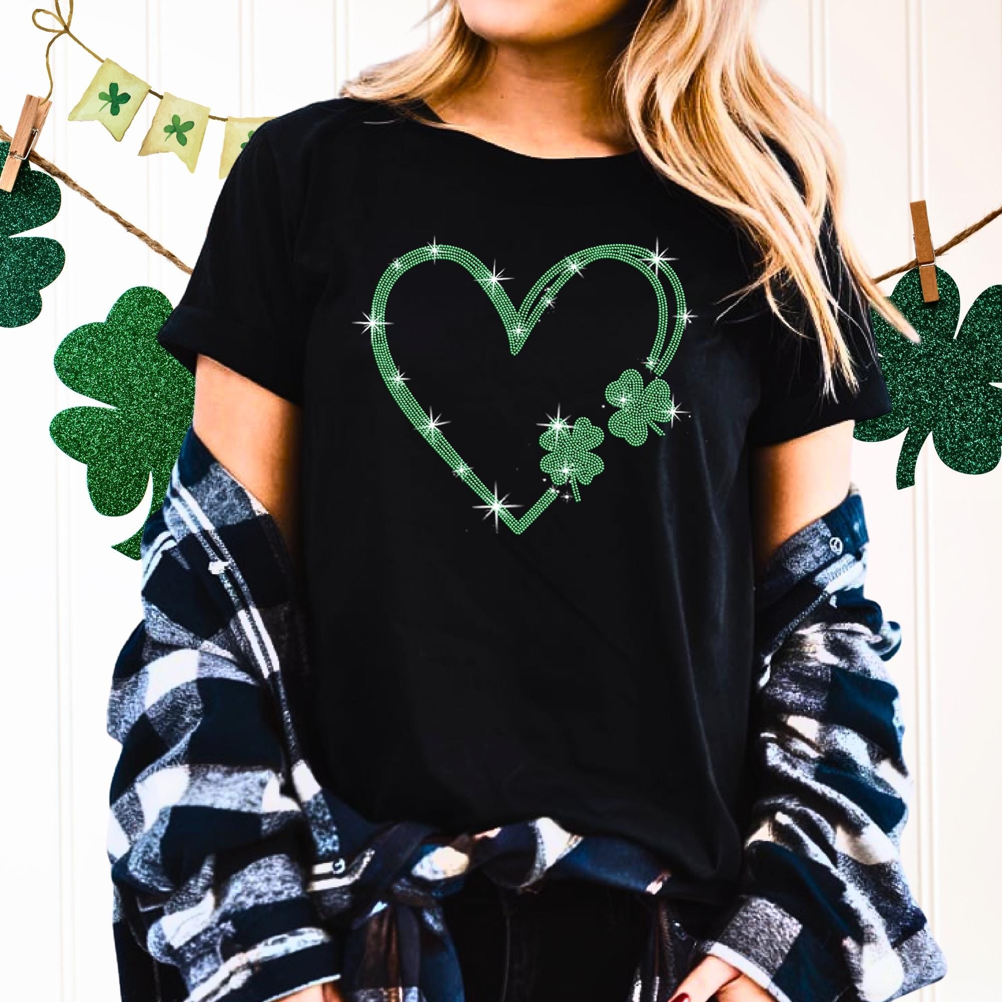 Shamrock Heart Rhinestone Shirt: Lucky Clover Bling Outfit Main image
