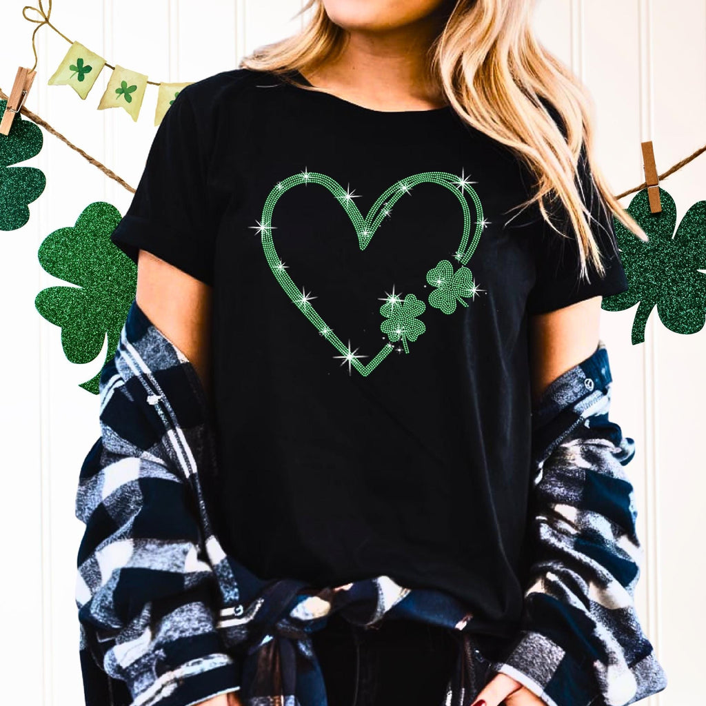 Shamrock Heart Rhinestone Shirt: Lucky Clover Bling Outfit