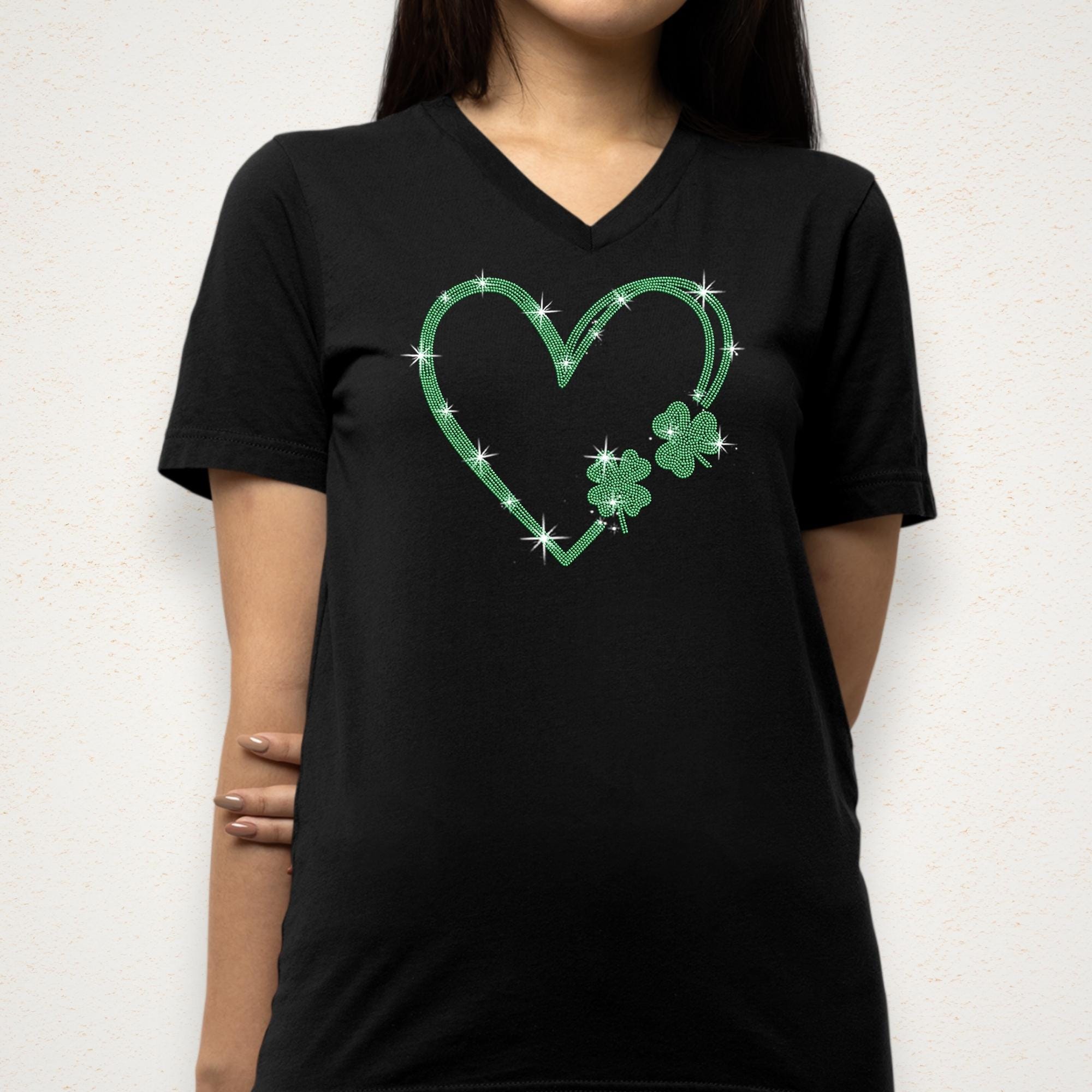 Shamrock Heart Rhinestone Shirt: Lucky Clover Bling Outfit