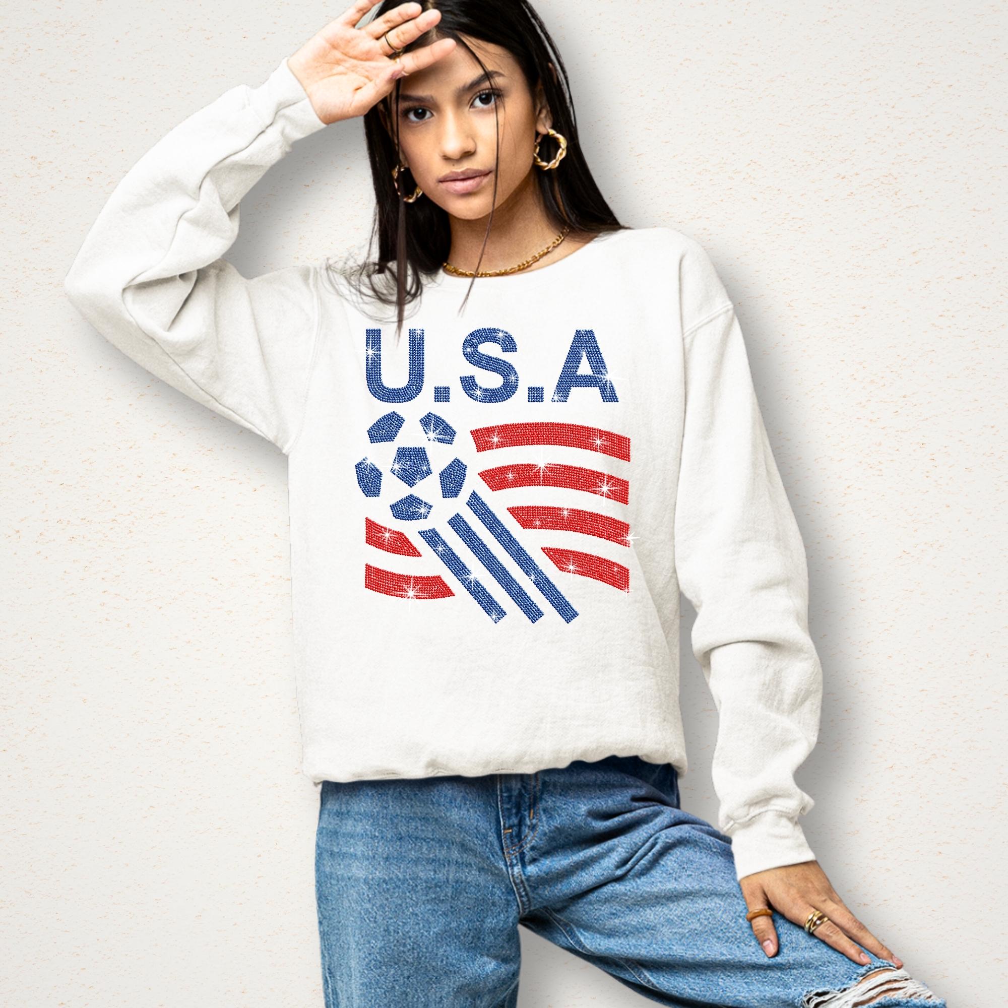 USA Soccer Rhinestone Shirt: Sparkly Patriotic Flag Tee