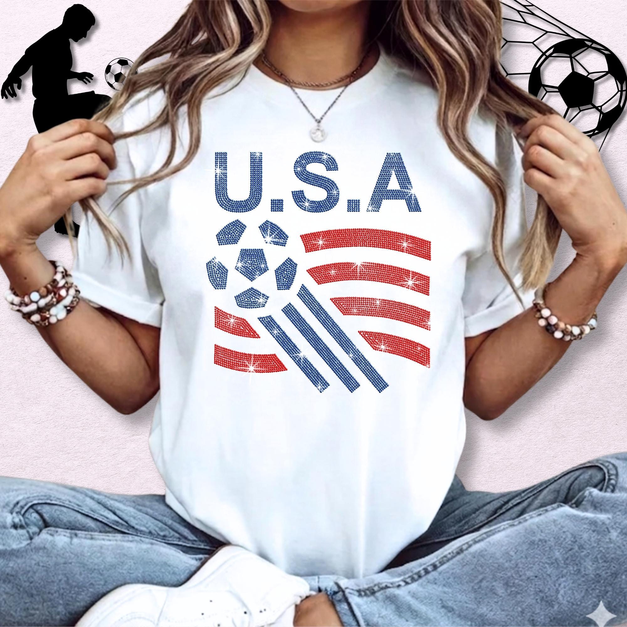 USA Soccer Rhinestone Shirt: Sparkly Patriotic Flag Tee Main image