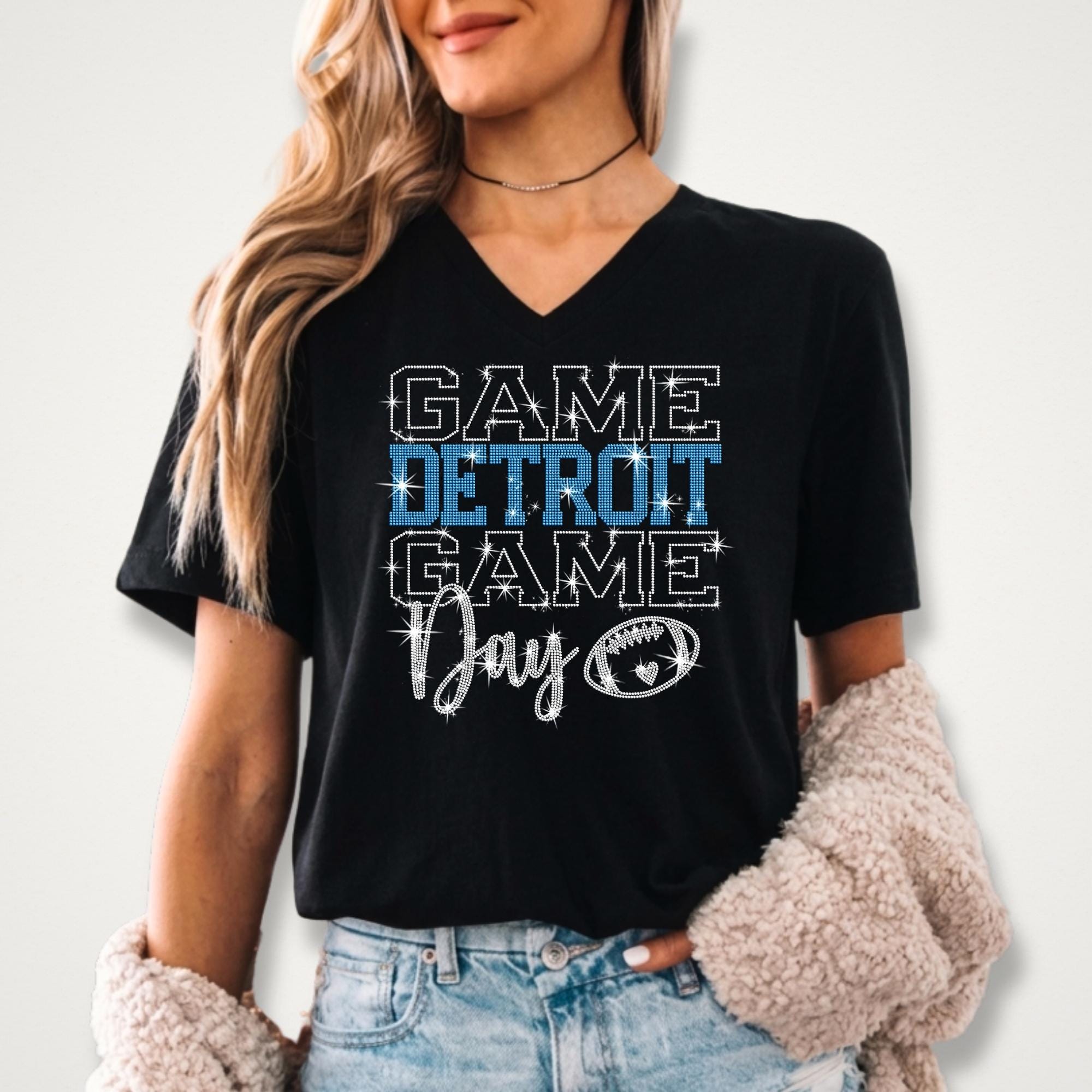 Rhinestone Detroit Game Day T-Shirt: Bling Football Season Stadium Outfit