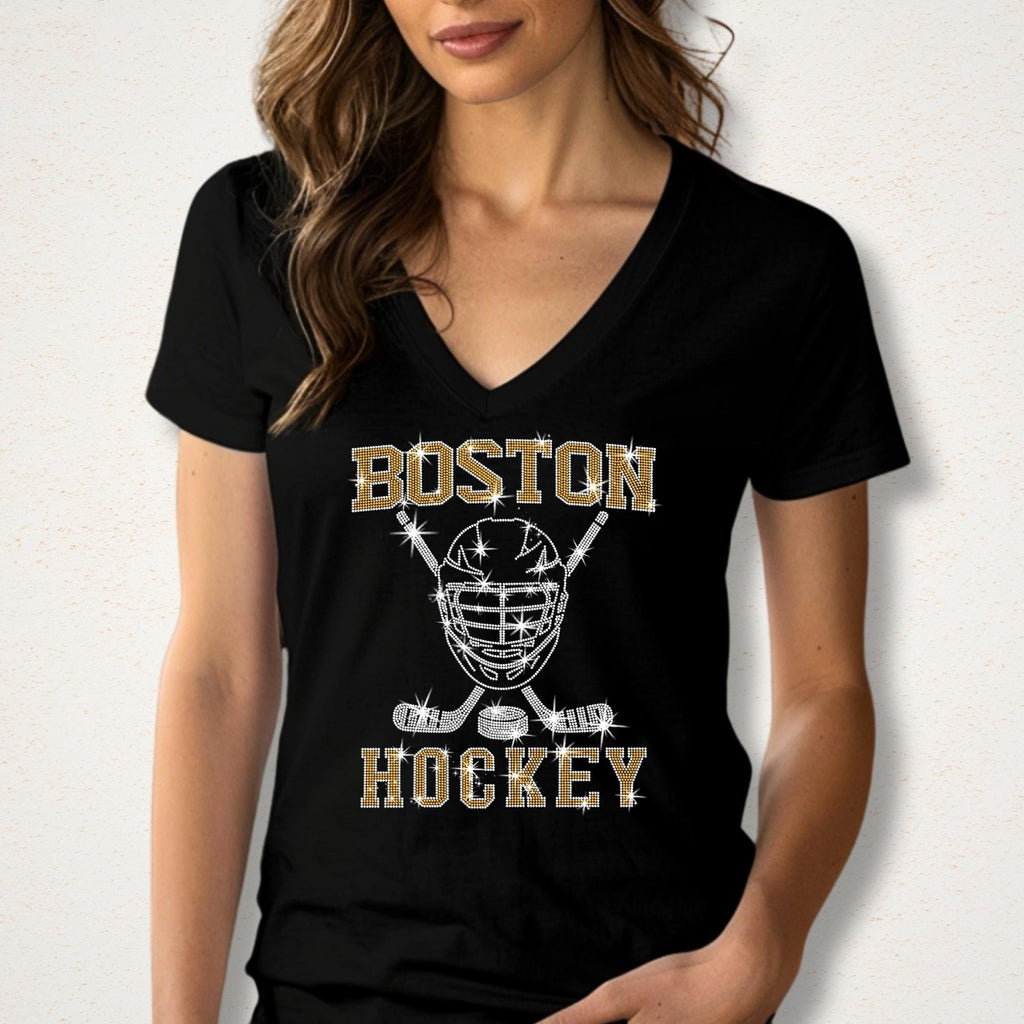 Boston Hockey Rhinestone T-Shirt: Retro Game Day Sparkle Top
