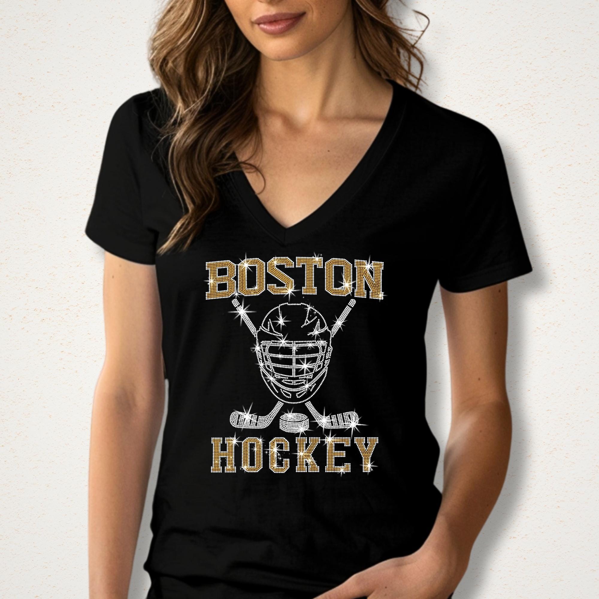 Boston Hockey Rhinestone T-Shirt: Retro Game Day Sparkle Top