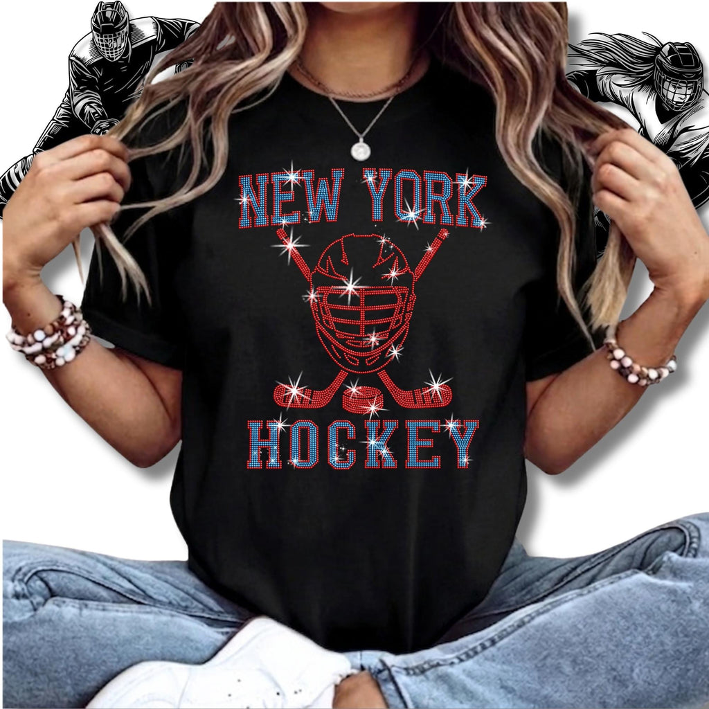 New York Hockey Rhinestone Shirt: Hockey Fan Bling Apparel