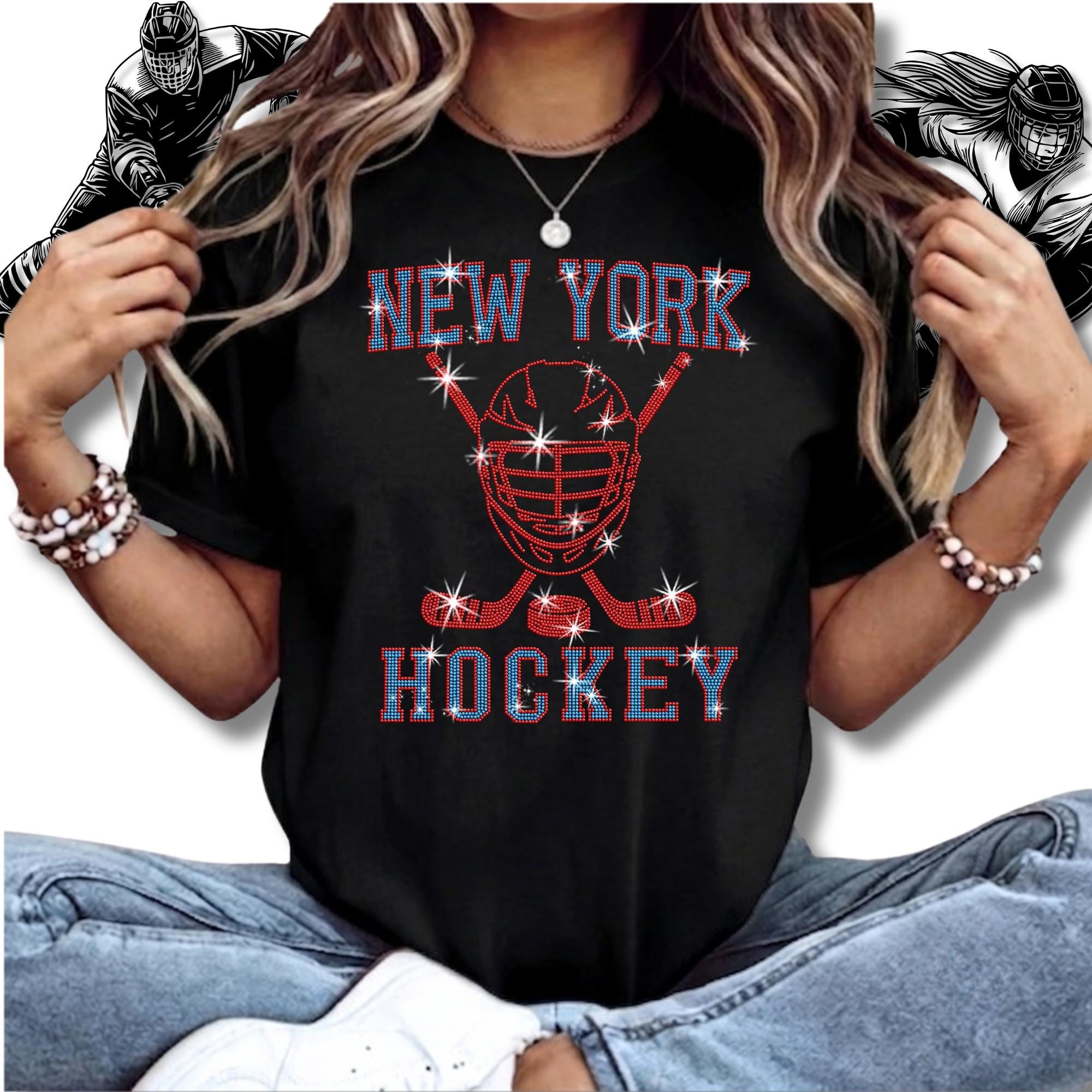 New York Hockey Rhinestone Shirt: Hockey Fan Bling Apparel