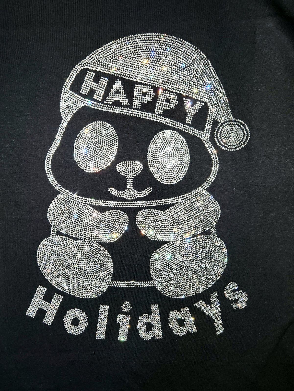 Christmas Panda Happy Holidays Rhinestone Bling Bling Short Sleeve T-shirt