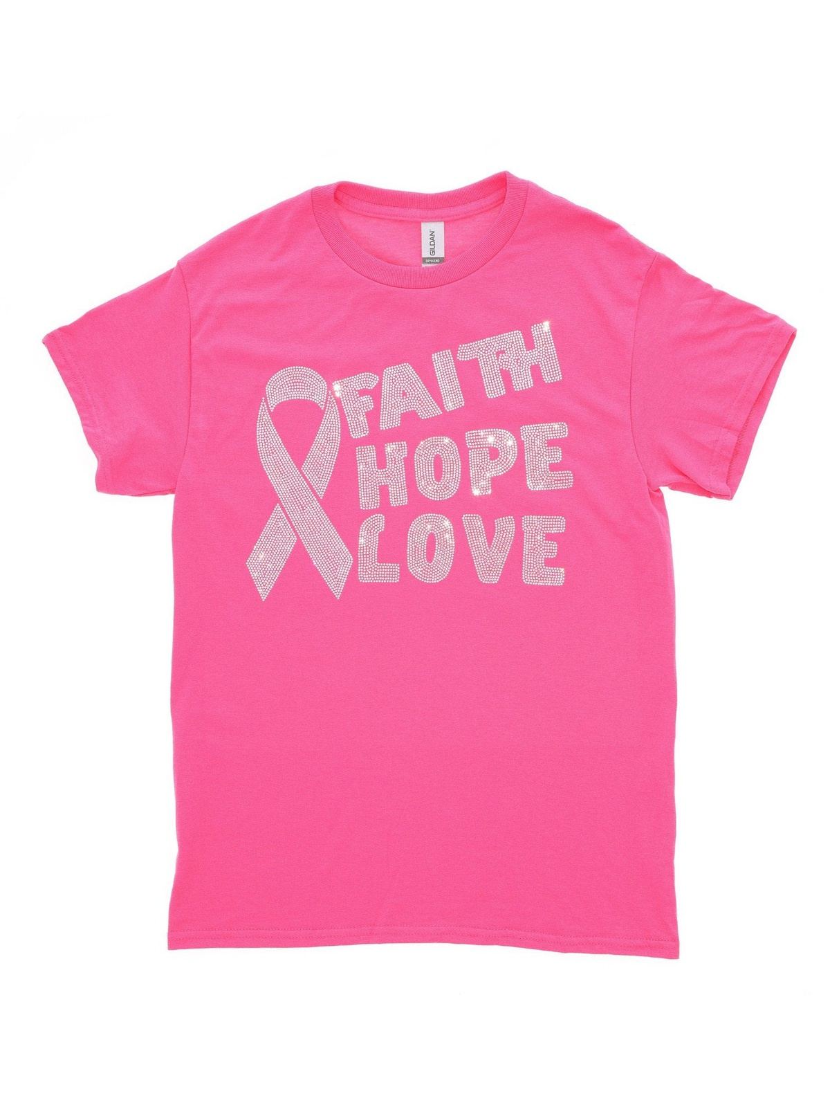 Cancer Awareness Faith Hope Love Rhinestone Bling Bling Short Sleeve T-shirt