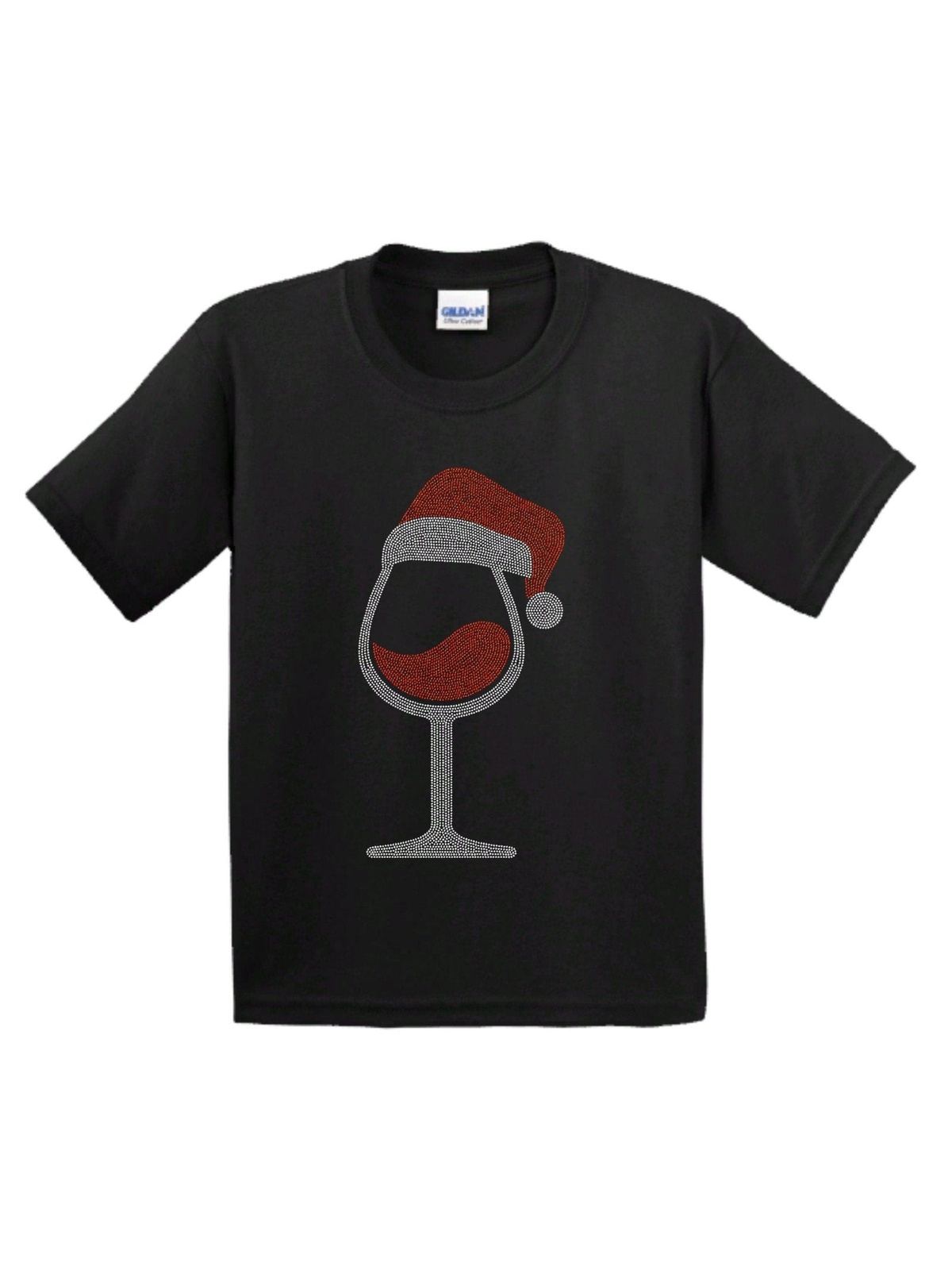 Merry Christmas Glass of Wine Santa Hat Rhinestone Bling Bling Short Sleeve T-shirt