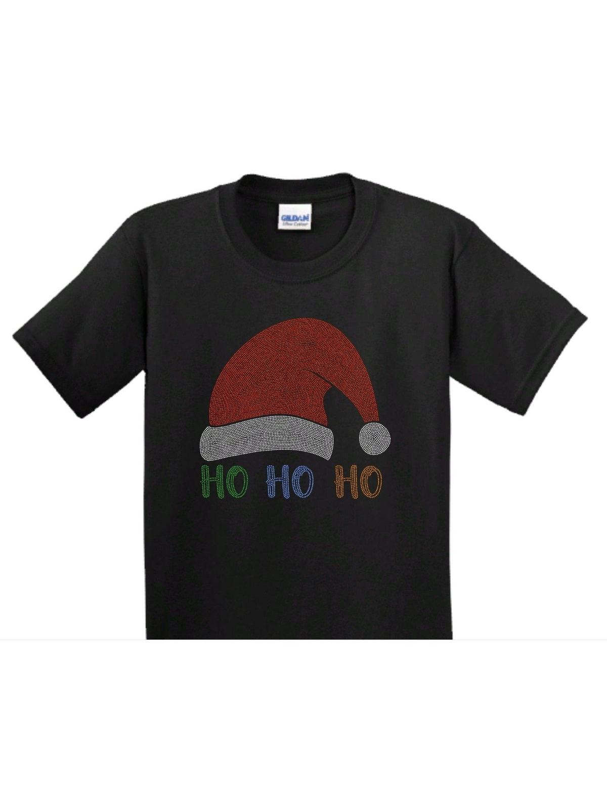 Merry Christmas HO HO HO with Santa Hat Rhinestone Bling Bling Short Sleeve T-shirt