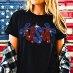 Usa Ribbon Rhinestone T-Shirt, Independence & Memorial Day Shirt, Fourth of July Outfit, USA Patriotic Girl Tee-Shirt, American Mommy Tee