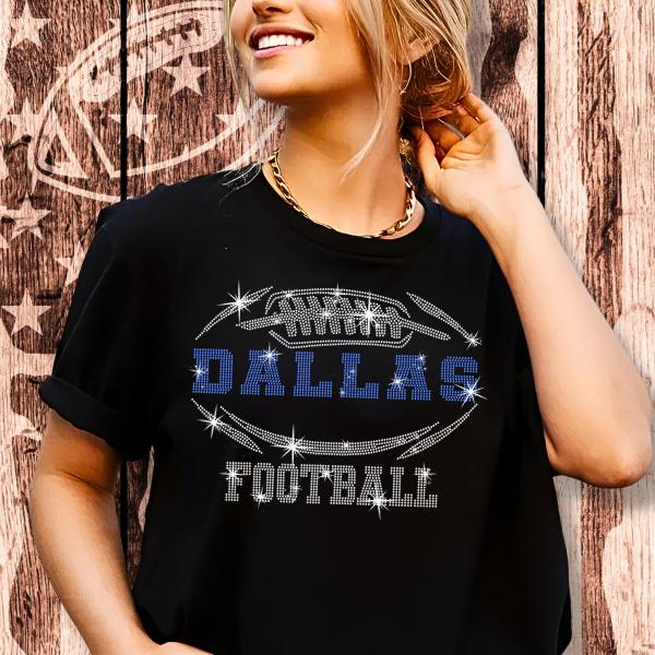 Dallas Rhinestone T-Shirt, Football Team Fans Gameday Apparel, Shiny Chic Bling Glitter Shirt, Casual Sportwear Tailgate Bright Tee