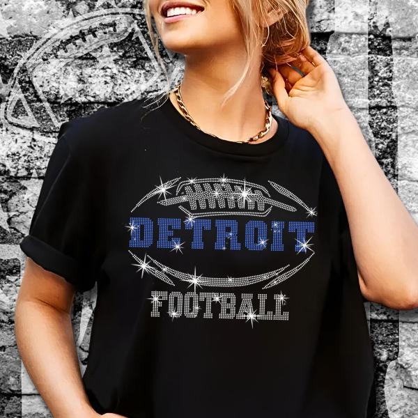 Detroit Rhinestone T-Shirt, Chic Design Sparkling Football Shirt, Shiny Fashion Eye-Catching Tee-Shirt, Glittering Fan Dazzling Team Shirt