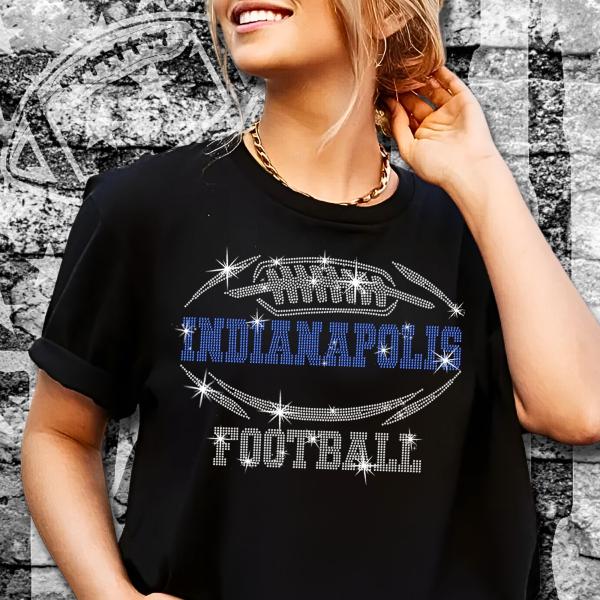 Indianapolis Rhinestone T-Shirt, Fit Style Football Game Shirt, Trend Fashion Style Shiny Shirt, Casual Sportwear Tailgate Trend Tee