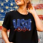 USA With Ribbon Rhinestone T-Shirt, Memorial Day Shirt, Mommy Patriotic Shirt, USA Pride Tee, Unique Design Tee-Shirt for Fourth of July
