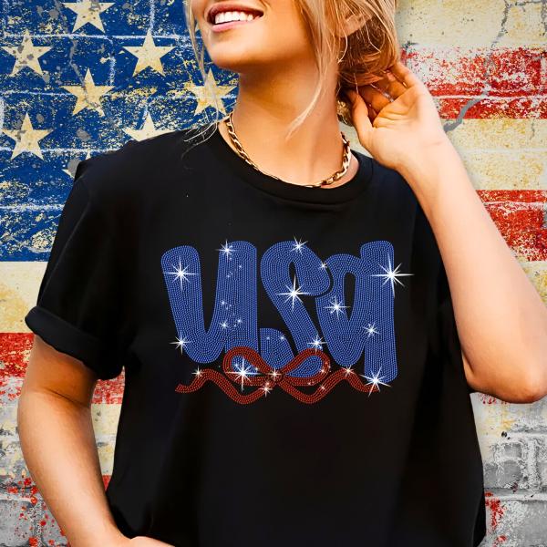 USA With Ribbon Rhinestone T-Shirt, Memorial Day Shirt, Mommy Patriotic Shirt, USA Pride Tee, Unique Design Tee-Shirt for Fourth of July