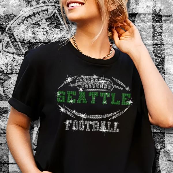 Seattle Rhinestone T-Shirt, Football Game Day Trend Sparkling Tee, Shiny Glitter Design Fan Shirt, Sunday Sportwear Casual Bling Shirt