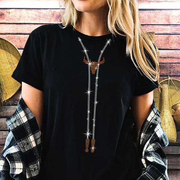 Longhorn Necklace Themed Rhinestone T-shirt, Birthday, Music Concert or Wedding Gift for Women, Country Girl Tee-Shirt, Cowgirl Style Shirt: