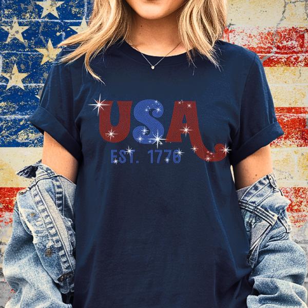 USA Est 1776 Rhinestone T-Shirt, Independence & Memorial Day Shirt, Americans' Patriotic Shirt, Fourth of July Shirt, Gift Tee for Veterans