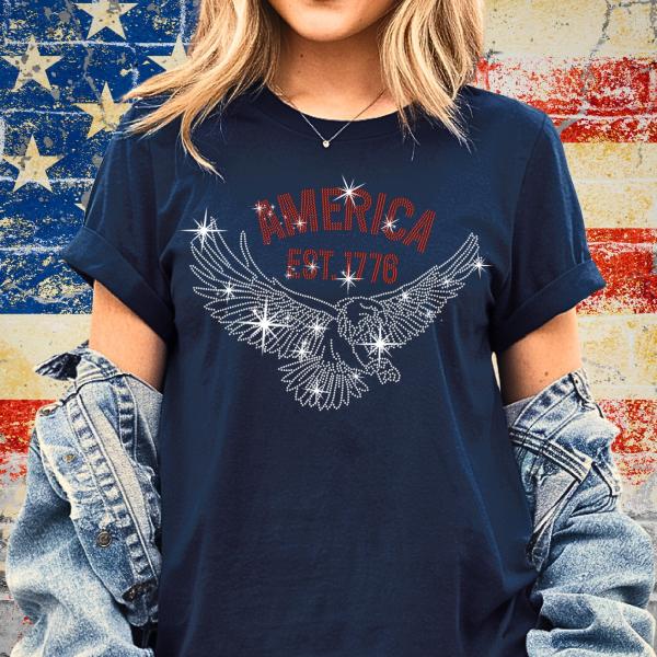 America Est 1776 Eagle Rhinestone T-Shirt, American Pride Shirt, Independence Day Celebration Apparel, Freedom Shirt, 4th of July Shirt