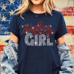 American Girl Rhinestone T-Shirt with Handwriting Design, Women's Favorite Memorial Day Tee, Independence Day Patriotic Gift for Her