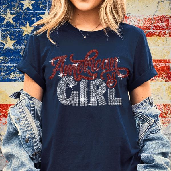American Girl Rhinestone T-Shirt with Handwriting Design, Women's Favorite Memorial Day Tee, Independence Day Patriotic Gift for Her