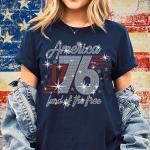 America 1776 Land Of The Free Rhinestone T-Shirt, Independence & Memorial Day Shirt, Unique Design Patriotic Tee Gift for Americans