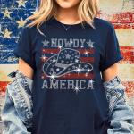 Howdy America With Hat Rhinestone T-Shirt, USA Cowgirl Hat Stars & Stripes Flag Shirt, Cute Independence Day tee for All American