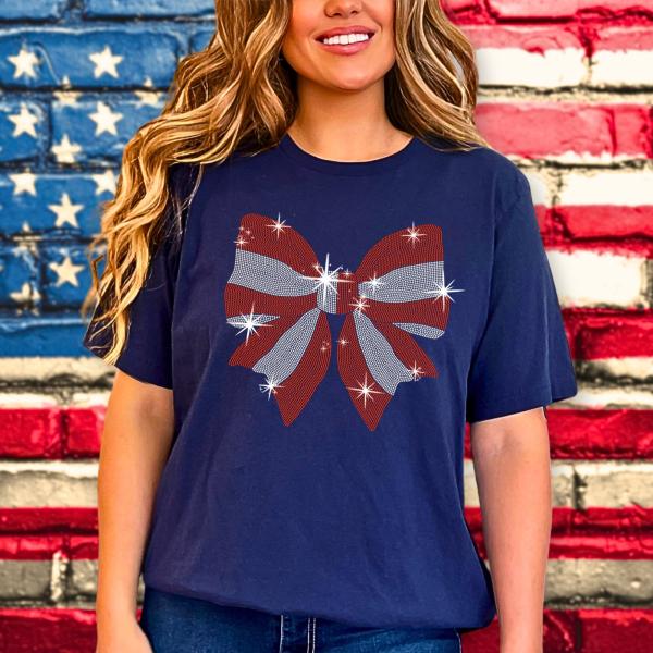 Coquette Bow USA Rhinestone T-shirt, Vintage American Shirt, Memorial day Shirt, Tee for Fourth of July Party, Women's Patriotic Shirt
