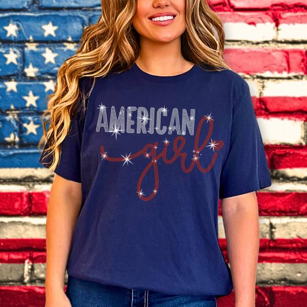 American Girl Rhinestone T-shirt with Cursive Font Design, Women's Favorite Tee, American Pride Clothing, Memorial Day or Birthday Gift
