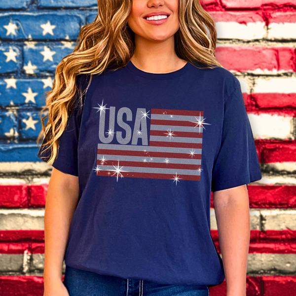 USA Flag Rhinestone T-shirt, American Veterans Apparel, Fourth of July Shirt, Independence Day Shirt, Ladies Patriotic Pride Shirt