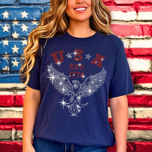 USA EST 1776 Eagle Rhinestone T-Shirt, Fourth of July Sublimation Design Tee, Freedom & Liberty Shirt, Unisex Patriotic American Shirt