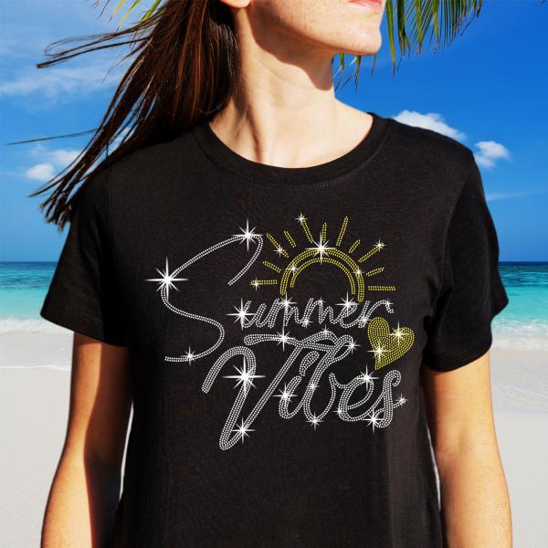 Summer Vibes Rhinestone T-Shirt, Sunshine and Heart Shirt, Family Camping Beach Trip Tee, Perfect Gift for Summer Holiday & Vacation