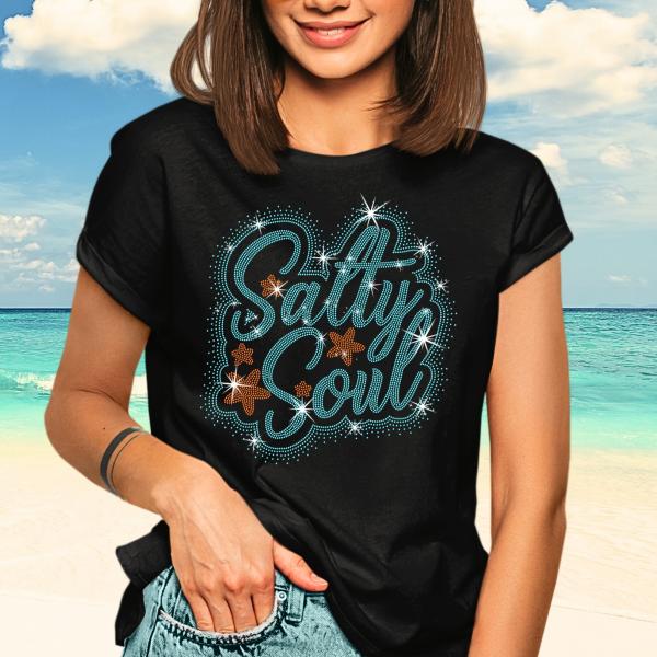 Salty Soul Rhinestone T-Shirt, Tropical Sunshine Top, Summer Vibes Tee-Shirt, Ocean Beach Lover Gift Shirt, Vacation Trip & Travel Outfit.
