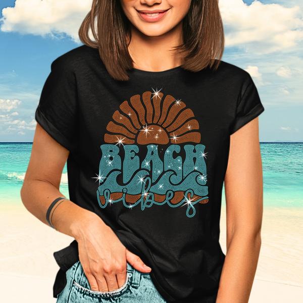 Beach Vibes Rhinestone T-Shirt, Sunshine Tee, Summer Travel Shirt, Vacation Clothing, Stylish Unisex Wear, Gift for Ocean Lovers & Surfer