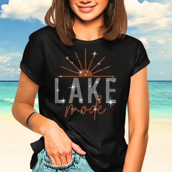 Lake Mode with Sun Rhinestone T-Shirt, Summer Travel Shirt, Camper Sunshine Shirt, Family Vacation Trip Tee, Casual Beach Shirt