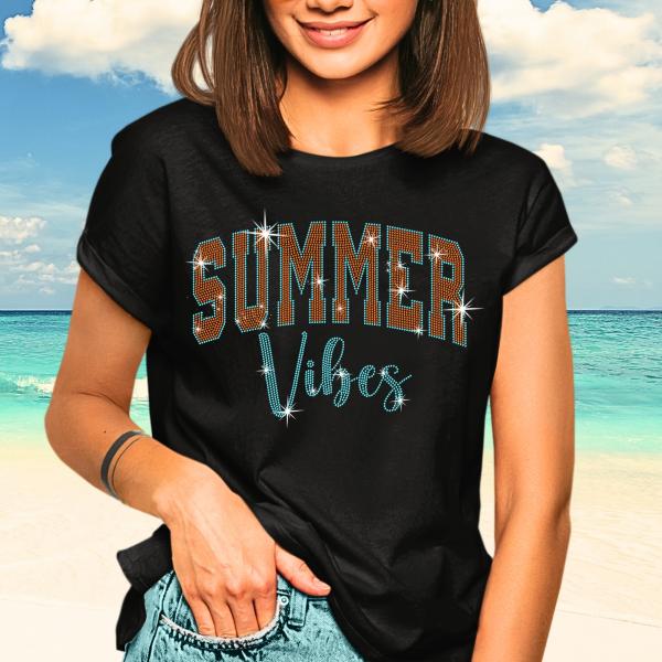 Summer Vibes Rhinestone T-Shirt, Vacation Trip Traveling Camping Tee, Retro Beach Party Lover Shirt, Tropical Clothing Gift For Adventurer
