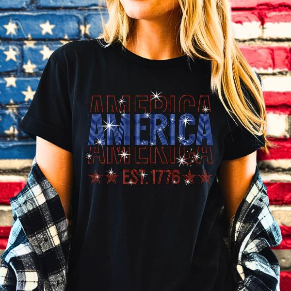 America Est 1776 Rhinestone T-shirt, Memorial Day Shirt, 4th Of July Shirt, Independence Day Shirt, Patriotic Gift Tee for Veterans